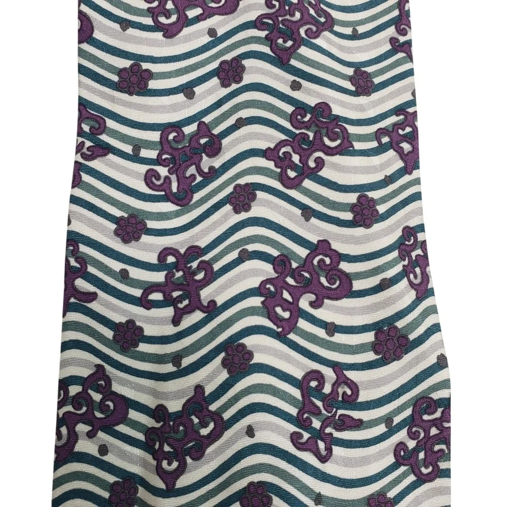 XMI Mens Abstract Wavy Floral Silk Tie One Size Purple Green